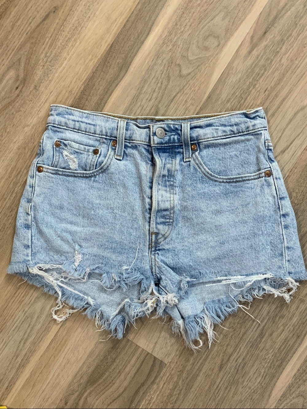 Levi's 501 Light Blue Distressed Denim Cutoff Shorts